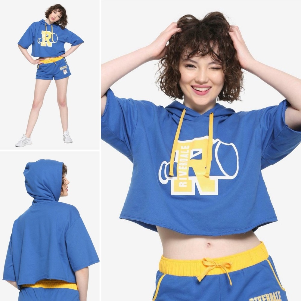Riverdale Varsity Girls Cheer Crop Hoodie Blue & Yellow Cropped Top Shirt w Hood